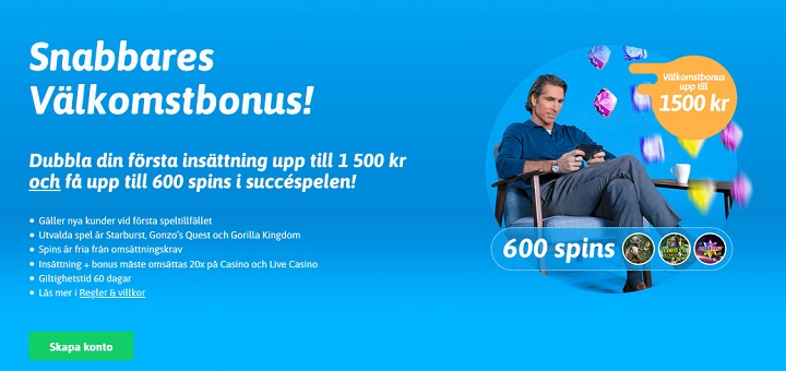 Få 100% bonus och upp till 600 free spins hos Snabbare!